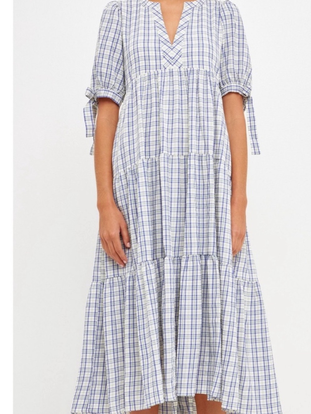 English Factory Blue Gingham Tiered Midi Dress Bow Sleeve Cottagecore S